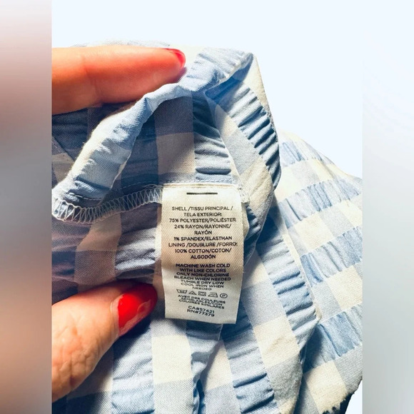 Ann Taylor Gingham Bubble Sleeve Top in blue and white check seersucker blouse - Picture 11 of 11